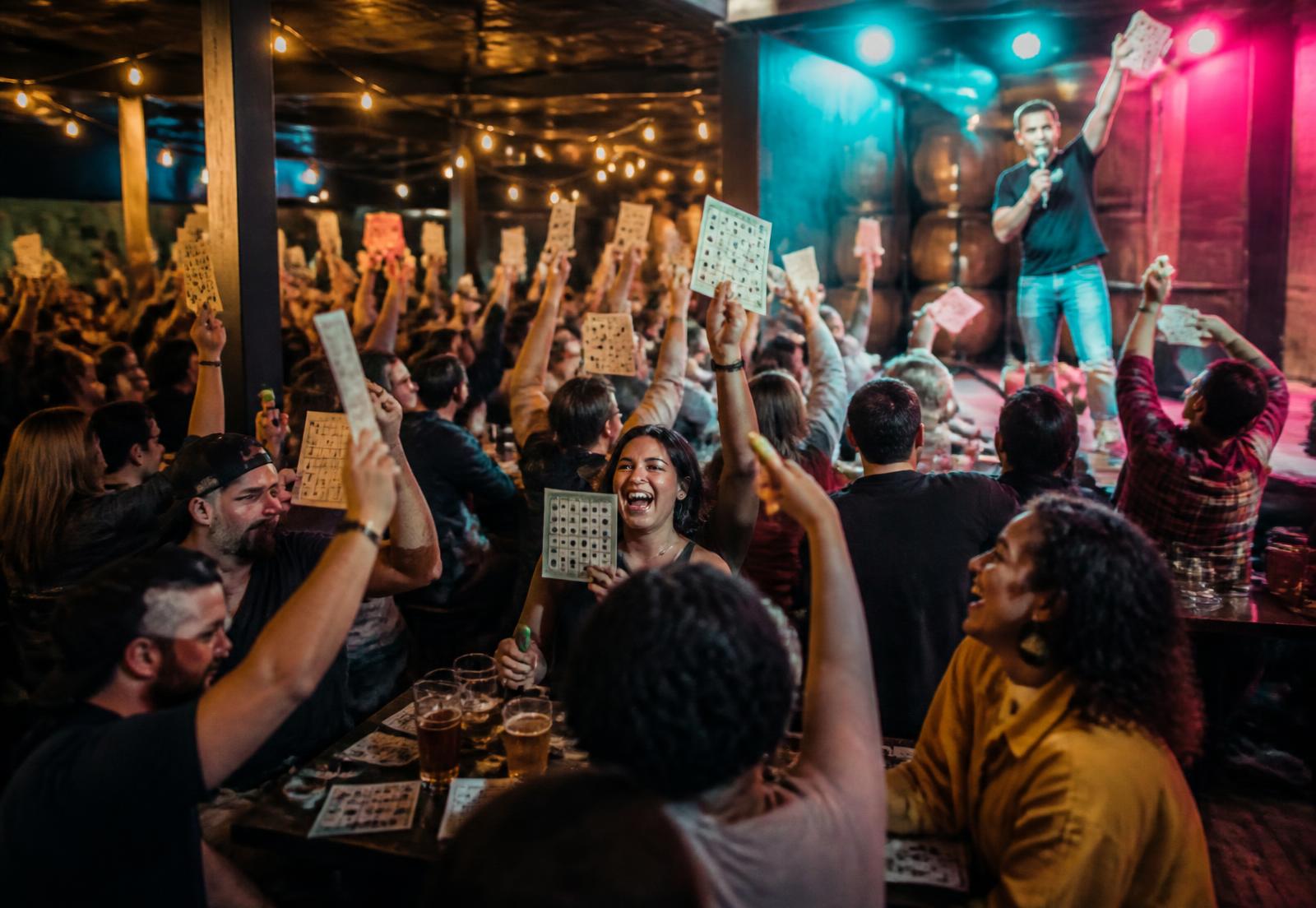 Crowd cheering during a bar bingo night